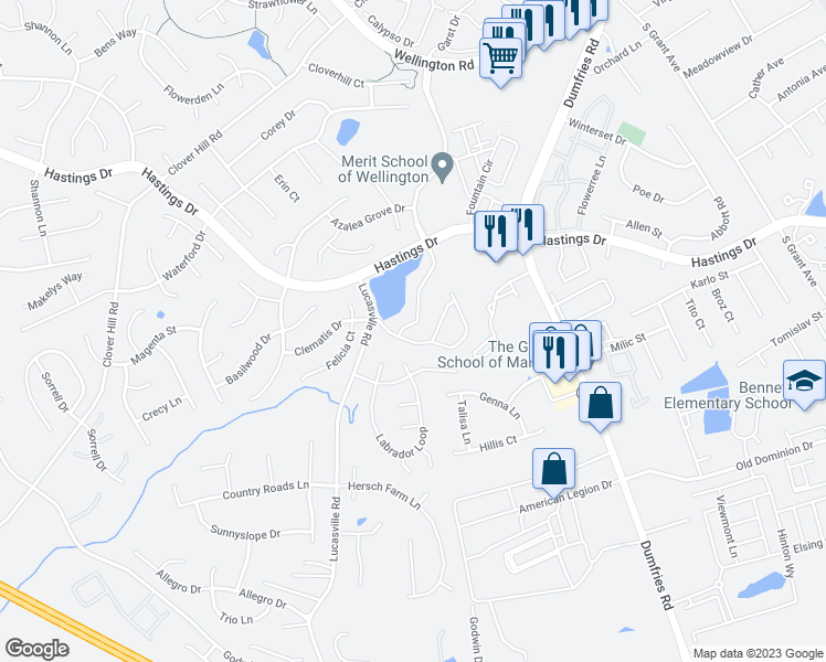 map of restaurants, bars, coffee shops, grocery stores, and more near 10263 Magnolia Grove Drive in Manassas