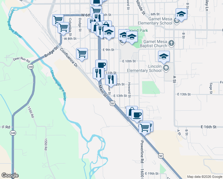 map of restaurants, bars, coffee shops, grocery stores, and more near 1252 Main Street in Delta