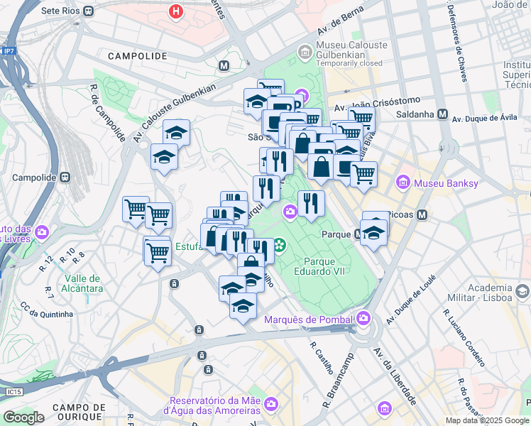 map of restaurants, bars, coffee shops, grocery stores, and more near Alameda Cardeal Cerejeira in Lisboa