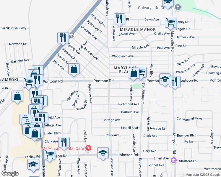 map of restaurants, bars, coffee shops, grocery stores, and more near 2101 Amos Avenue in Granite City