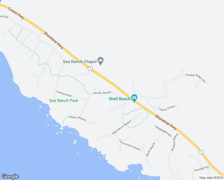 map of restaurants, bars, coffee shops, grocery stores, and more near 39258 Pacific Reach in Sea Ranch