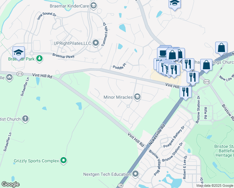 map of restaurants, bars, coffee shops, grocery stores, and more near 10320 Spring Iris Drive in Bristow