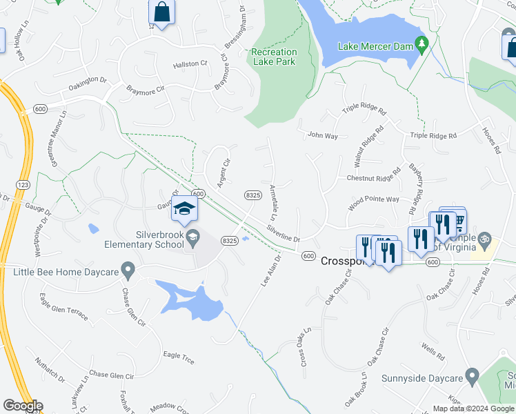 map of restaurants, bars, coffee shops, grocery stores, and more near 8309 Crosspointe Drive in Fairfax Station