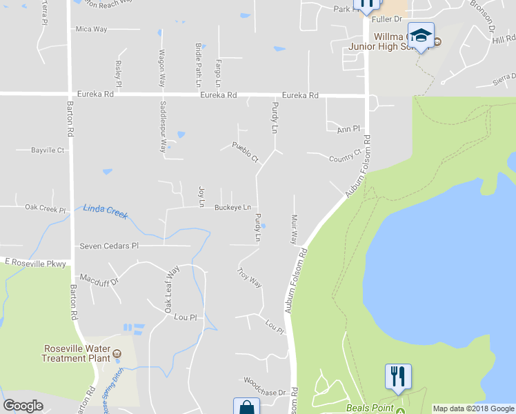map of restaurants, bars, coffee shops, grocery stores, and more near Purdy Lane & Buckeye Lane in Granite Bay