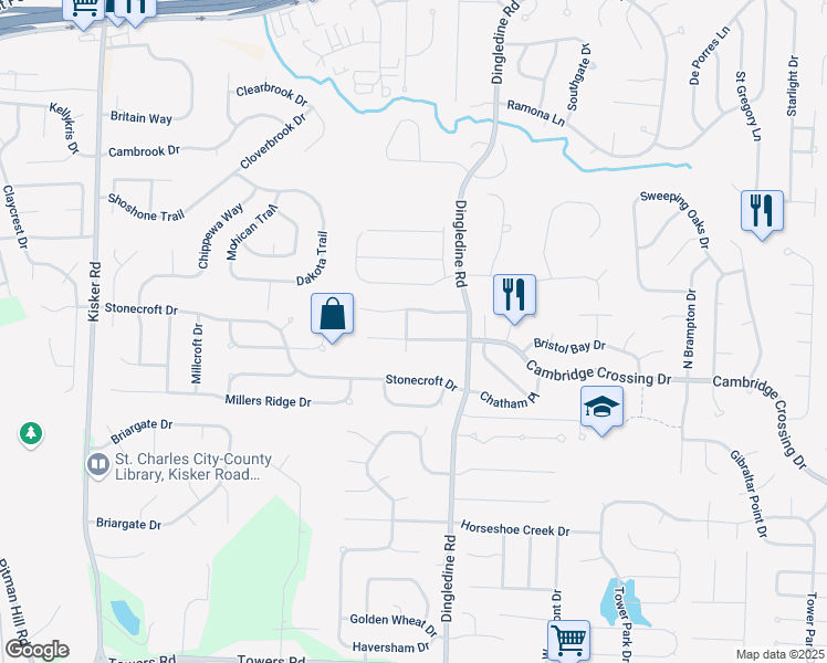 map of restaurants, bars, coffee shops, grocery stores, and more near 4131 Stafford Place Court in Saint Charles