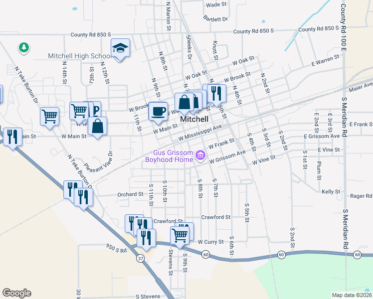 map of restaurants, bars, coffee shops, grocery stores, and more near 801-899 West Mississippi Avenue in Mitchell