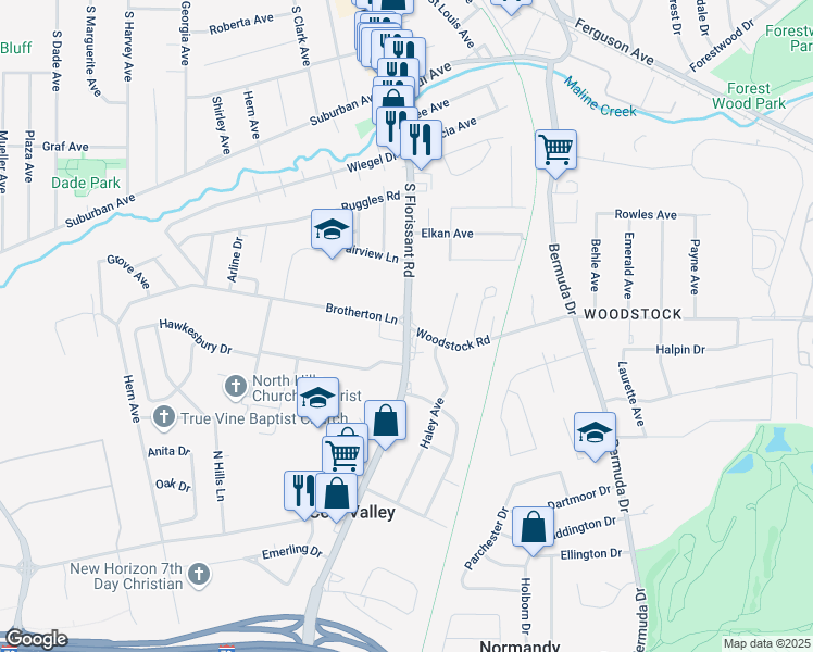map of restaurants, bars, coffee shops, grocery stores, and more near S Florissant Rd & Woodstock Rd in Ferguson