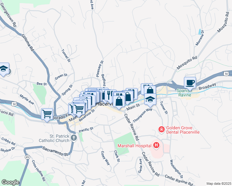 map of restaurants, bars, coffee shops, grocery stores, and more near 2918 Norman Street in Placerville