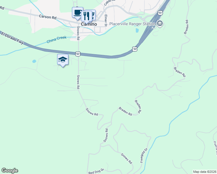 map of restaurants, bars, coffee shops, grocery stores, and more near 4020 Bellwood Drive in Camino