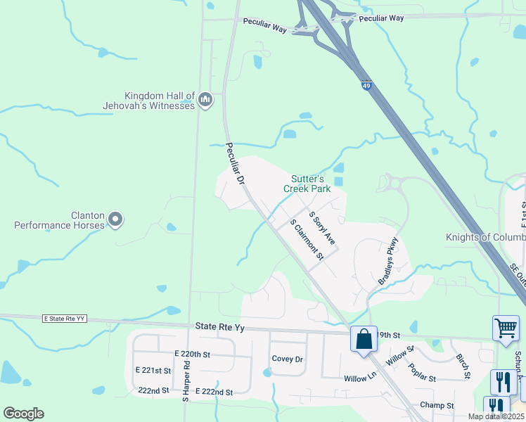 map of restaurants, bars, coffee shops, grocery stores, and more near 21517 South Peculiar Drive in Peculiar