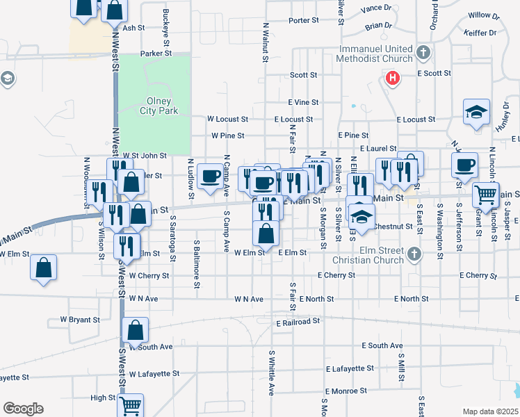 map of restaurants, bars, coffee shops, grocery stores, and more near 201 West Market Street in Olney