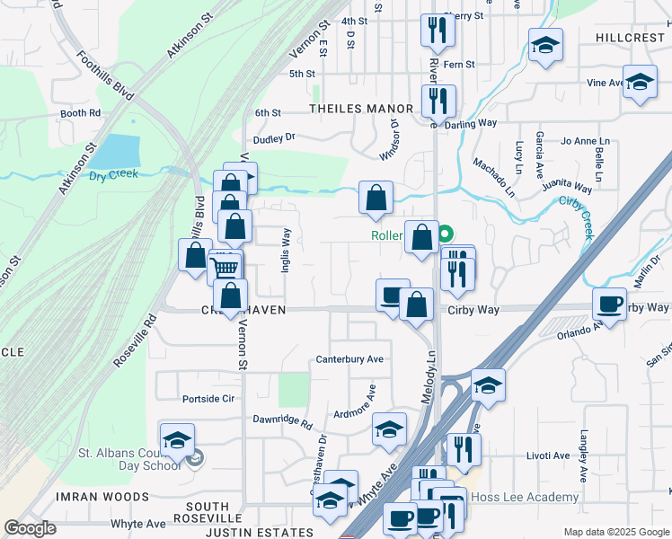 map of restaurants, bars, coffee shops, grocery stores, and more near 1958 Ajay Drive in Roseville