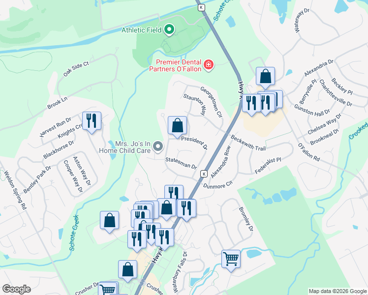 map of restaurants, bars, coffee shops, grocery stores, and more near 15 Delegate Circle in O'Fallon