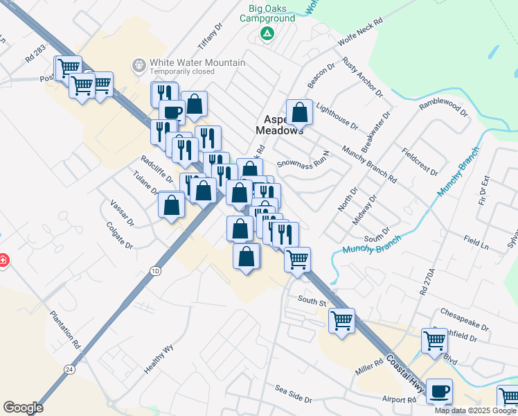 map of restaurants, bars, coffee shops, grocery stores, and more near 18949 Coastal Highway in Rehoboth Beach