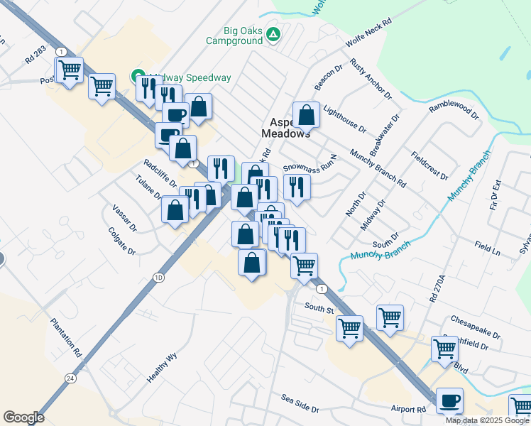 map of restaurants, bars, coffee shops, grocery stores, and more near 18949 Coastal Highway in Rehoboth Beach