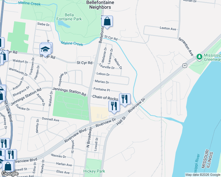 map of restaurants, bars, coffee shops, grocery stores, and more near 901 Marias Drive in St. Louis
