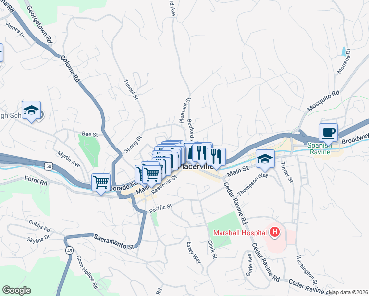 map of restaurants, bars, coffee shops, grocery stores, and more near 1032 Spring Street in Placerville