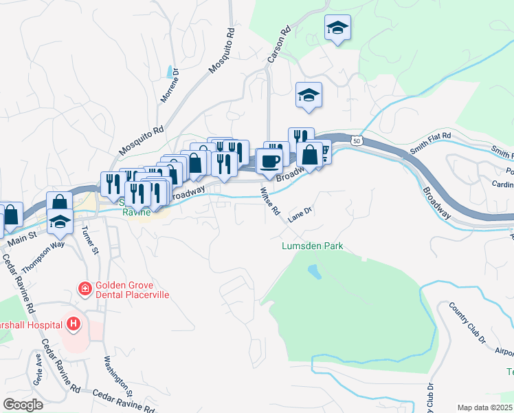 map of restaurants, bars, coffee shops, grocery stores, and more near 1384 Martin Lane in Placerville