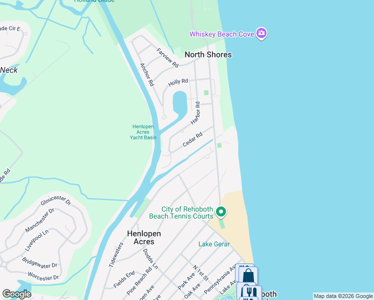 map of restaurants, bars, coffee shops, grocery stores, and more near 20 Cedar Road in Rehoboth Beach