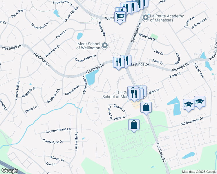 map of restaurants, bars, coffee shops, grocery stores, and more near 10324 Butternut Circle in Manassas