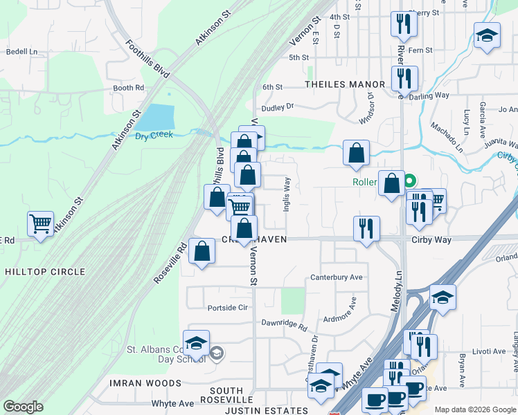 map of restaurants, bars, coffee shops, grocery stores, and more near 501 Hyacinth Court in Roseville