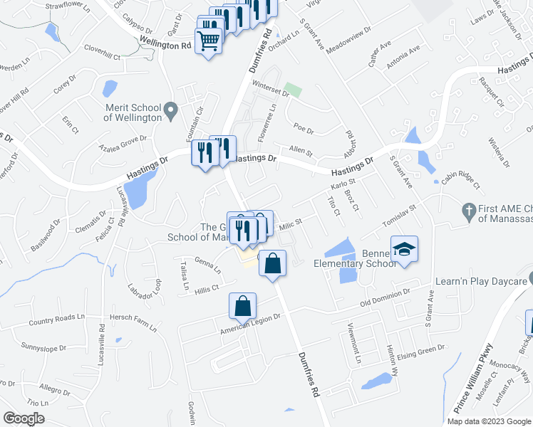 map of restaurants, bars, coffee shops, grocery stores, and more near 9260 Niki Place in Manassas