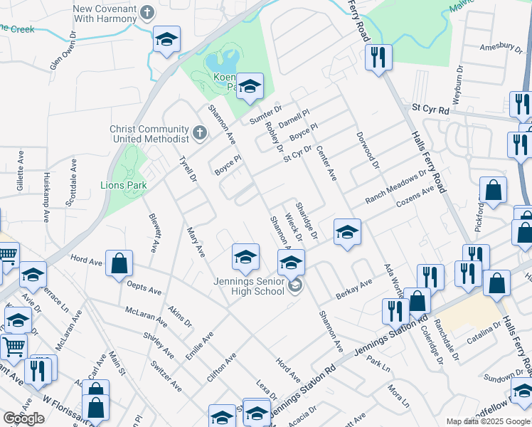map of restaurants, bars, coffee shops, grocery stores, and more near 2460 Shannon Avenue in Jennings