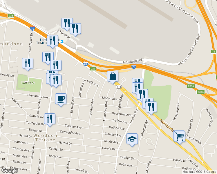 map of restaurants, bars, coffee shops, grocery stores, and more near 4449 Eminence Avenue in St. Louis
