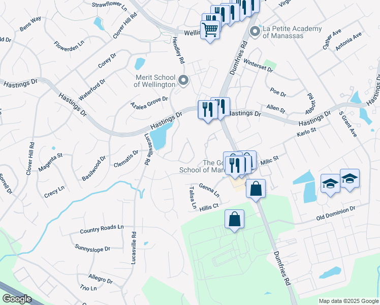 map of restaurants, bars, coffee shops, grocery stores, and more near 10322 Butternut Circle in Manassas