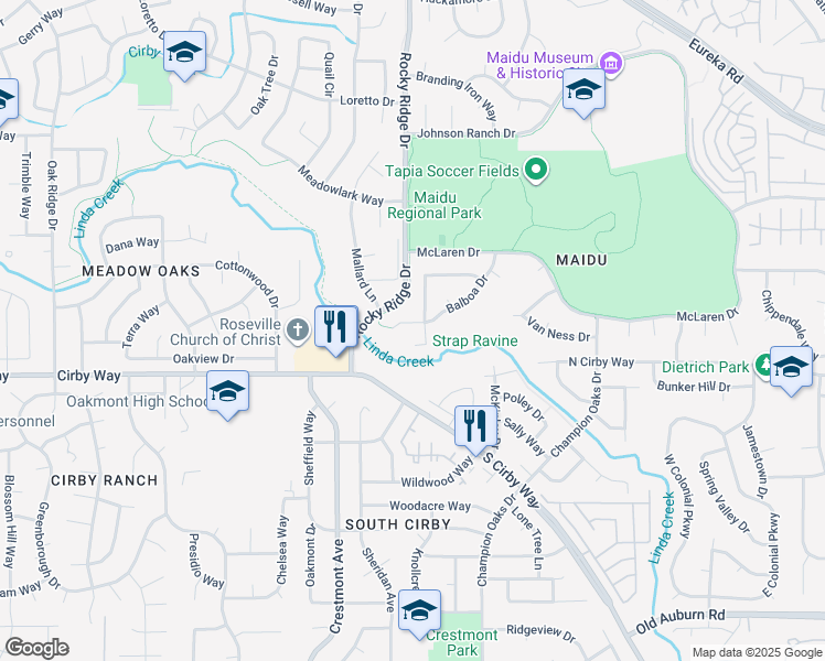 map of restaurants, bars, coffee shops, grocery stores, and more near 1893 Balboa Drive in Roseville