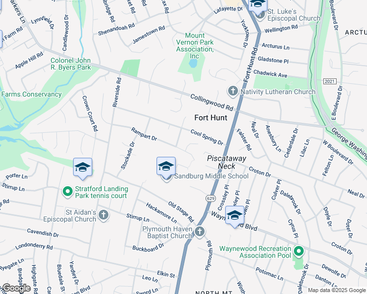 map of restaurants, bars, coffee shops, grocery stores, and more near 8312 Rampart Court in Alexandria
