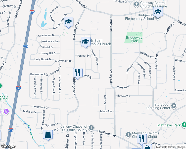 map of restaurants, bars, coffee shops, grocery stores, and more near 3057 Donnycave Lane in Maryland Heights