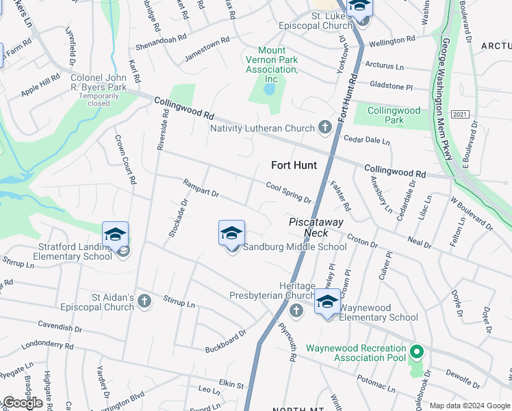 map of restaurants, bars, coffee shops, grocery stores, and more near 8312 Rampart Court in Alexandria