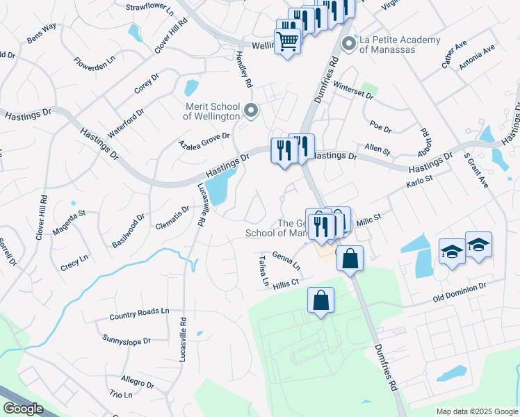map of restaurants, bars, coffee shops, grocery stores, and more near 10322 Butternut Circle in Manassas