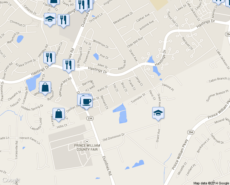 map of restaurants, bars, coffee shops, grocery stores, and more near 10334 Tito Court in Manassas