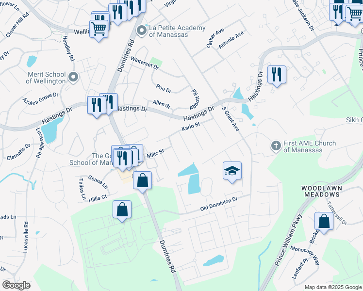 map of restaurants, bars, coffee shops, grocery stores, and more near 10334 Tito Court in Manassas