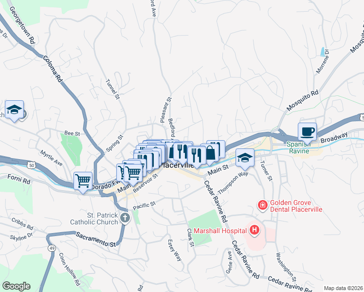 map of restaurants, bars, coffee shops, grocery stores, and more near 2880 Norman Street in Placerville