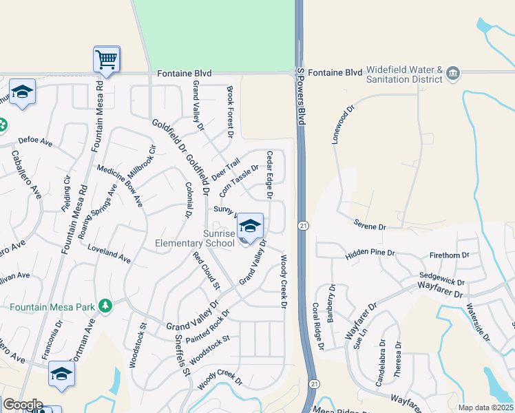 map of restaurants, bars, coffee shops, grocery stores, and more near 6890 Cedar Edge Drive in Colorado Springs