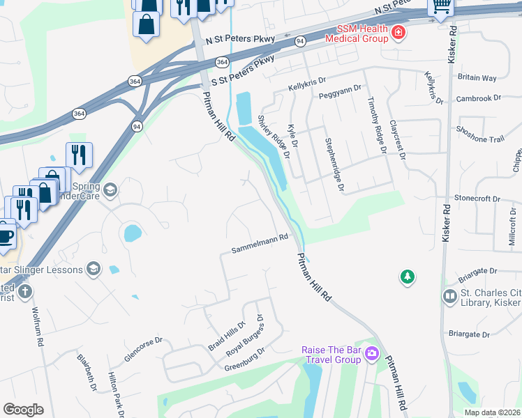 map of restaurants, bars, coffee shops, grocery stores, and more near 1402 Lucerne Place in Weldon Spring