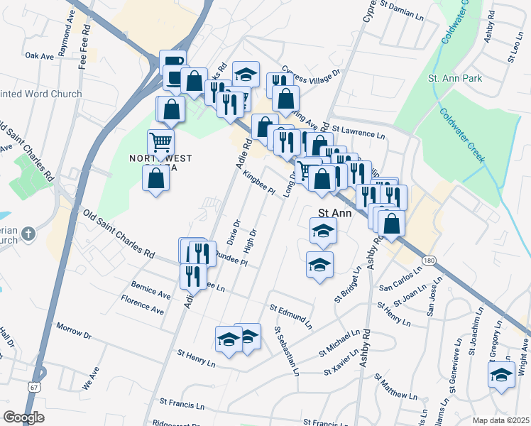 map of restaurants, bars, coffee shops, grocery stores, and more near 3750 High Drive in Saint Ann