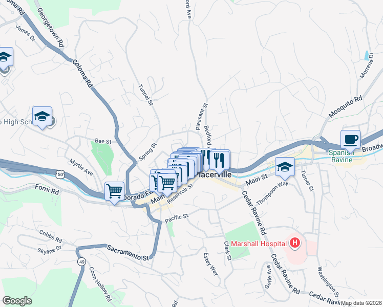 map of restaurants, bars, coffee shops, grocery stores, and more near 965 Garden Loop in Placerville