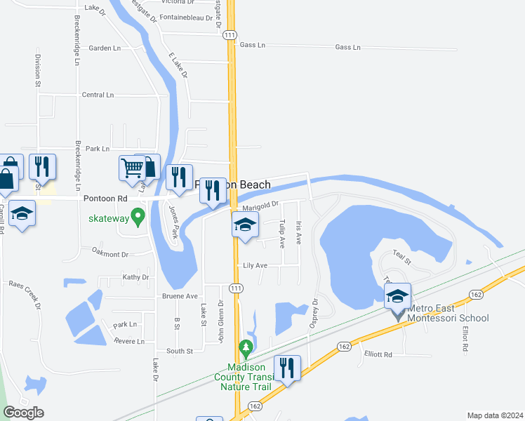 map of restaurants, bars, coffee shops, grocery stores, and more near 4218 Marigold Drive in Pontoon Beach