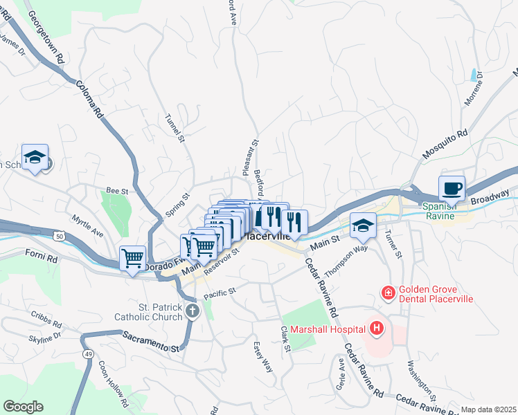 map of restaurants, bars, coffee shops, grocery stores, and more near 984 Garden Loop in Placerville