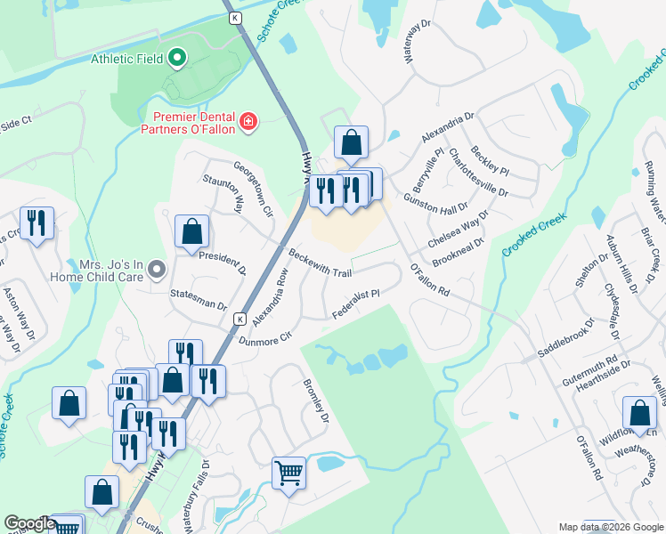 map of restaurants, bars, coffee shops, grocery stores, and more near 2075 Beckewith Trail in O'Fallon