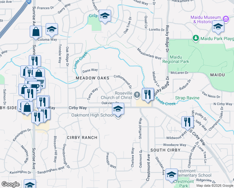 map of restaurants, bars, coffee shops, grocery stores, and more near 1714 Oakwood Drive in Roseville