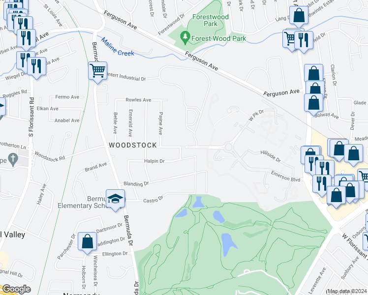 map of restaurants, bars, coffee shops, grocery stores, and more near 7301-7409 Woodstock Road in Ferguson
