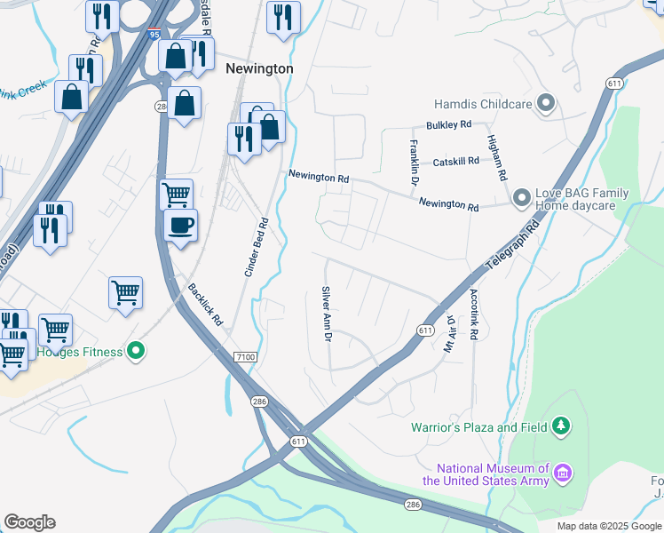map of restaurants, bars, coffee shops, grocery stores, and more near 6848 Silver Ann Drive in Lorton