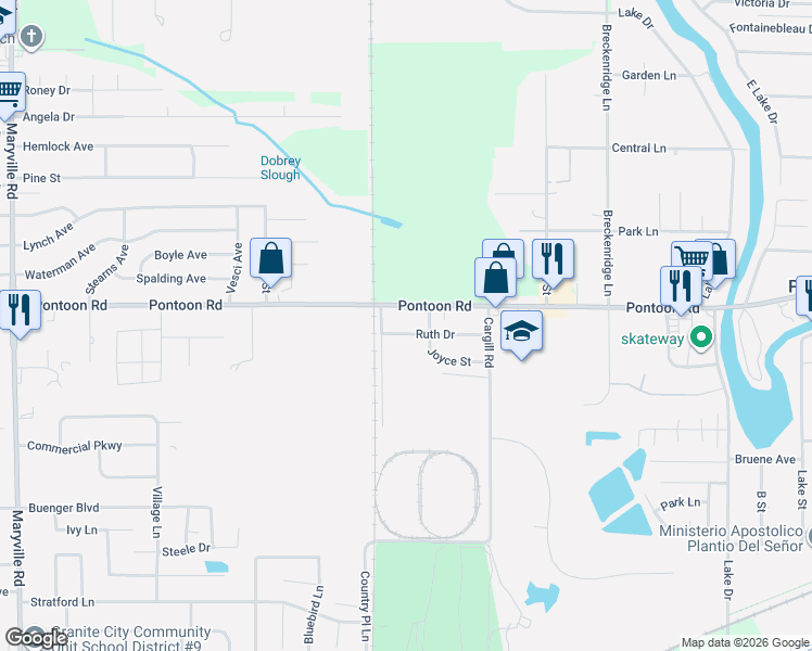 map of restaurants, bars, coffee shops, grocery stores, and more near 3704 Pontoon Road in Granite City
