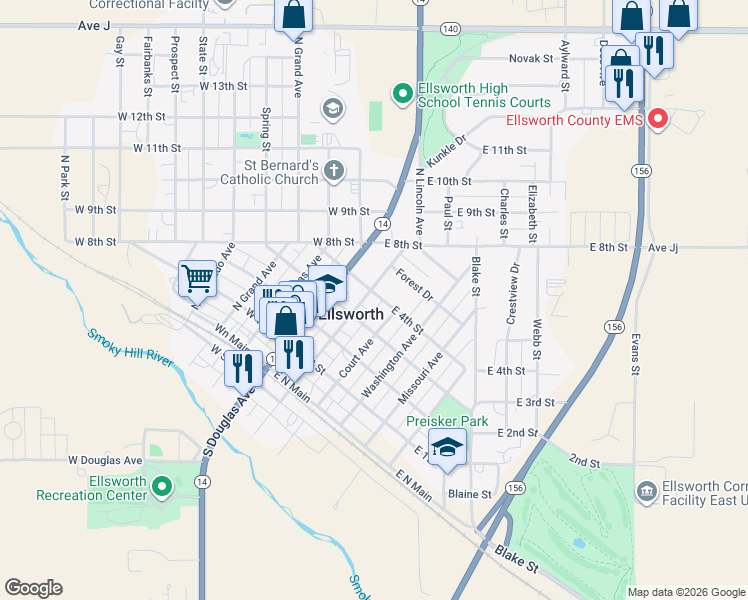 map of restaurants, bars, coffee shops, grocery stores, and more near 100-198 E 4th St in Ellsworth