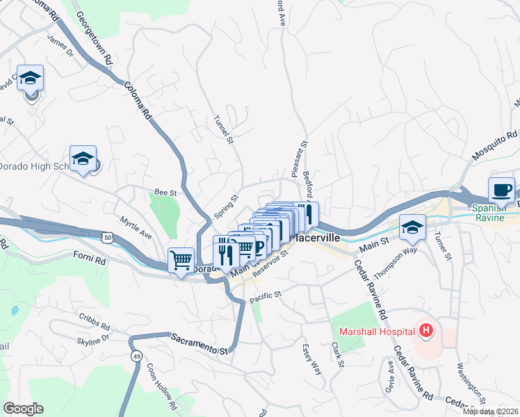 map of restaurants, bars, coffee shops, grocery stores, and more near 891 Cottage Street in Placerville